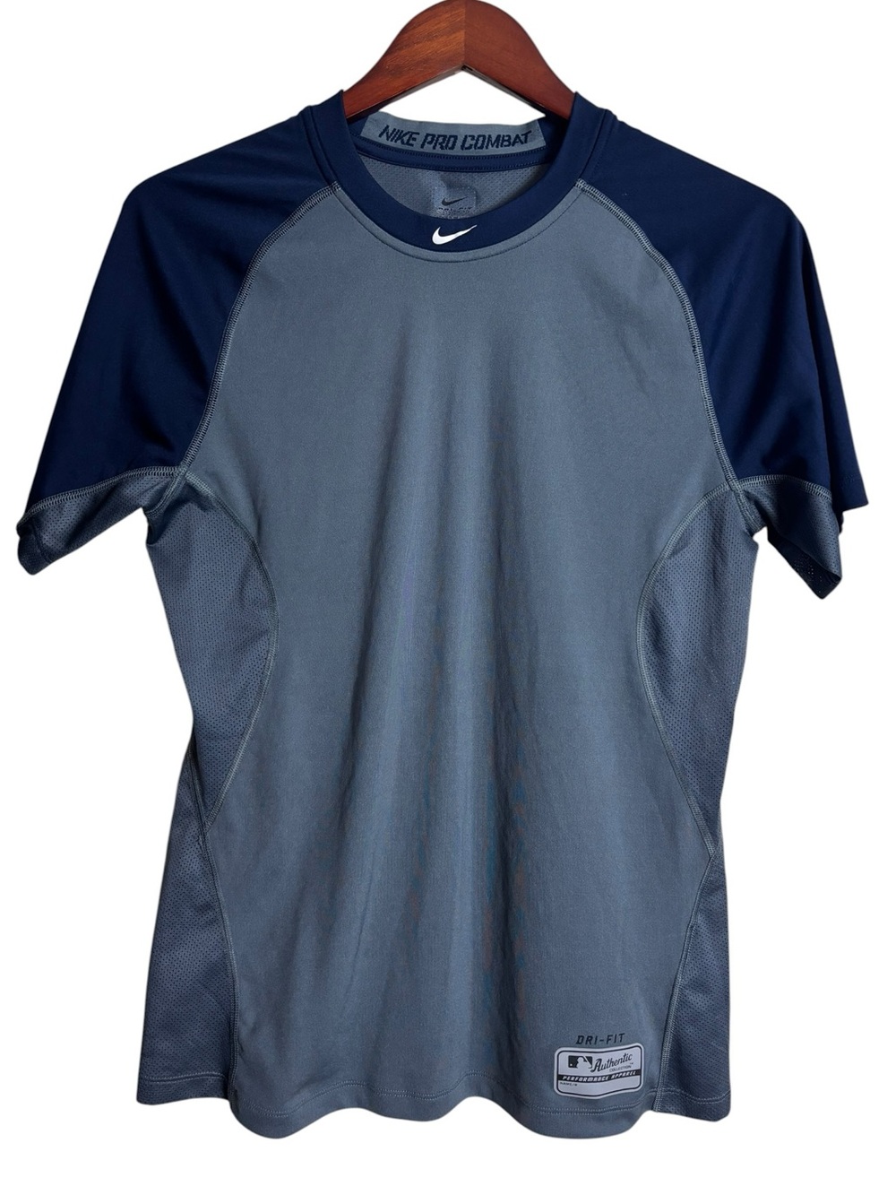 Nike Pro Combat Dri-FIT Grey Navy Athletic Shirt MLB Logo Baseball Training Med